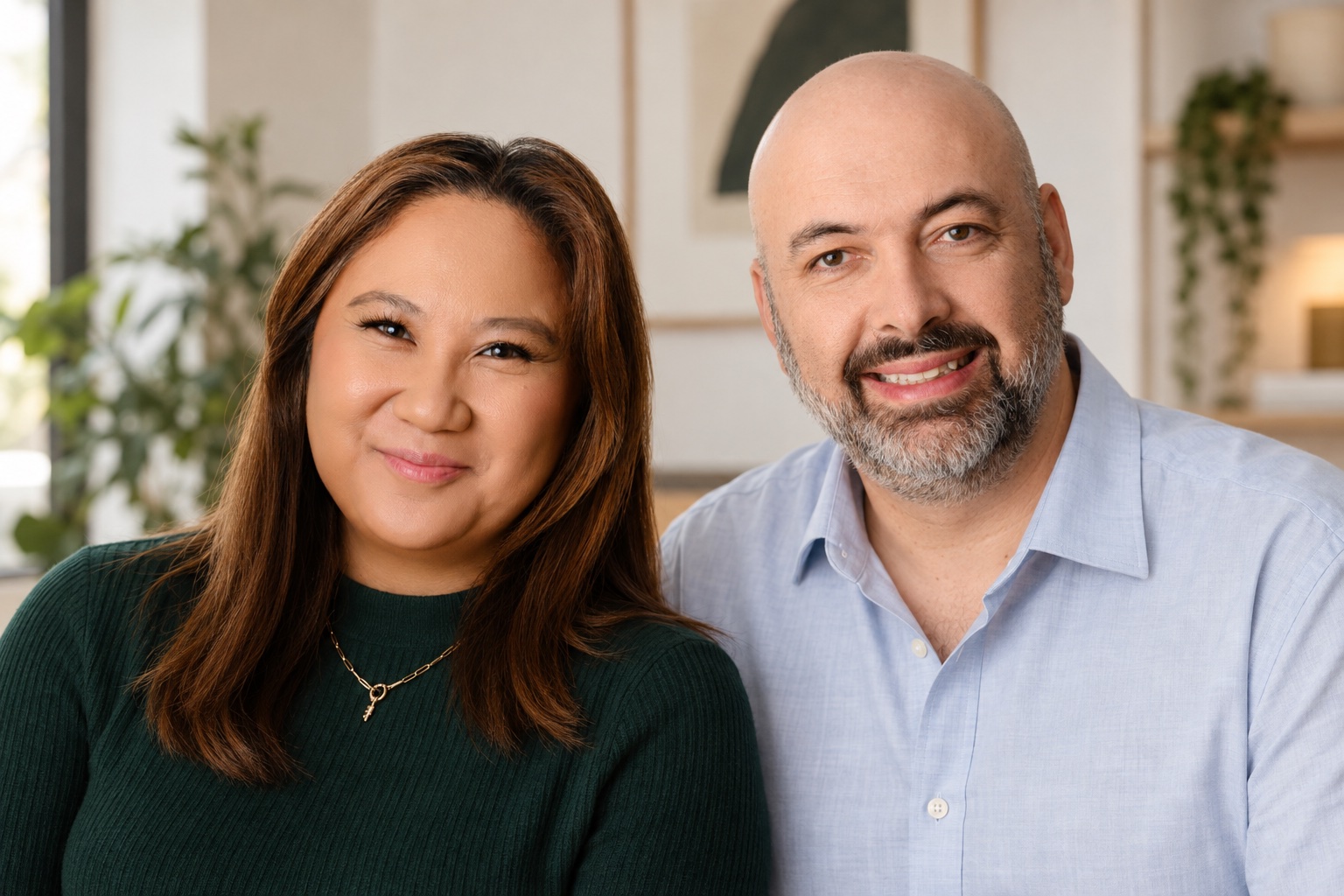 Jessa and Deni, co-founders of Khin, smiling together indoors.